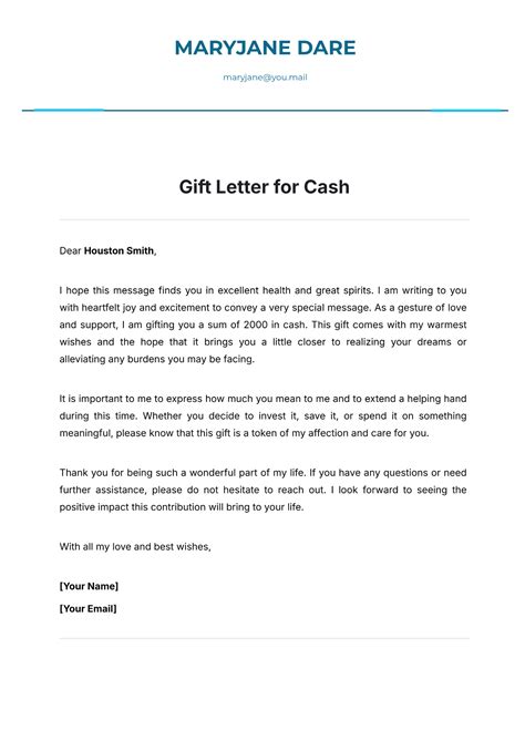 Gift Letter Template For Cash