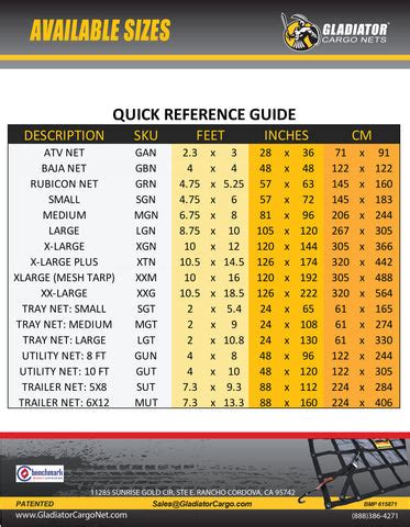 Gladiator Cargo Net Size Chart