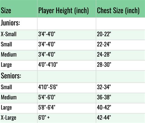 Goalie Size Chart