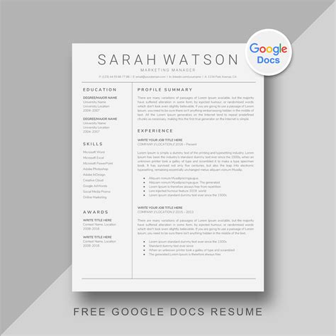Google Docs Resume Template Free