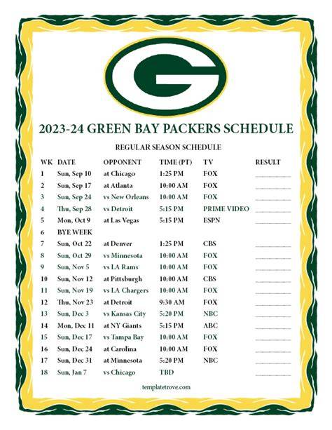 Green Bay Packer Schedule Printable