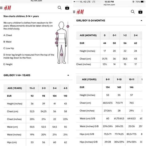 H & M Jeans Size Chart
