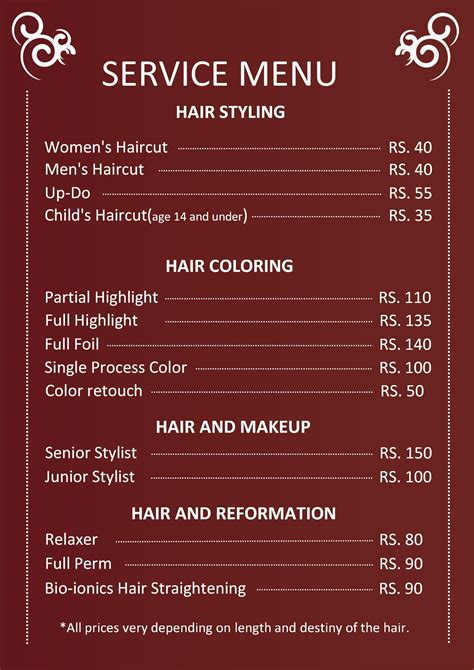 Hair Salon Menu Templates