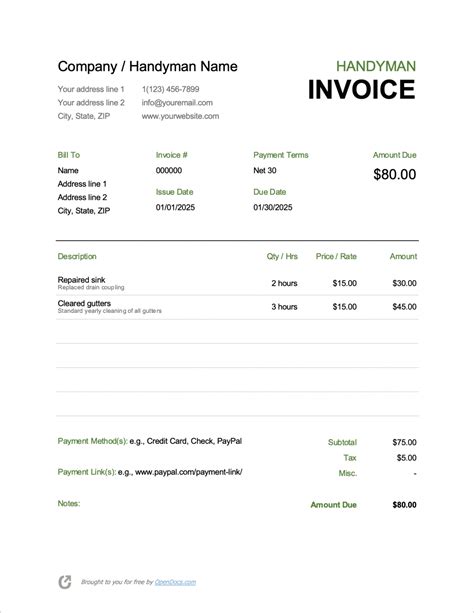 Handyman Invoice Template Word