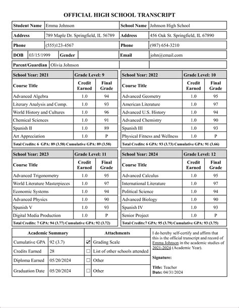 High School Transcript Template