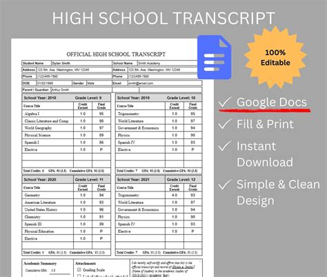 High School Transcript Template Google Docs