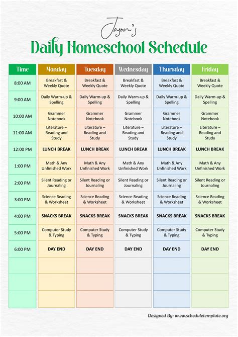 Homeschool Daily Schedule Template