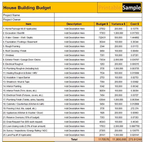 House Building Budget Template