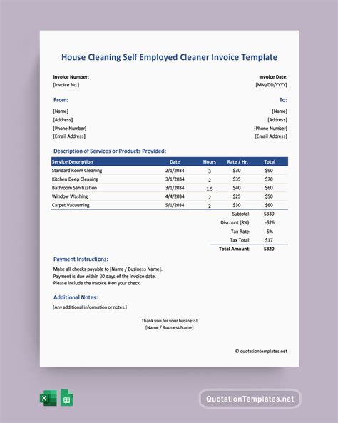House Cleaning Self Employed Cleaner Invoice Template