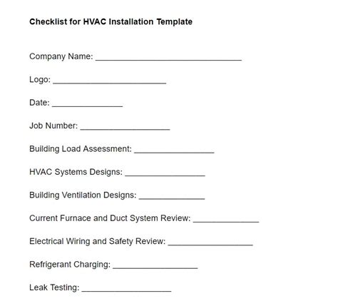Hvac Install Checklist Template