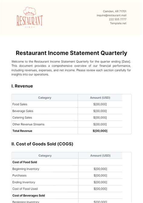 Income Statement For Restaurant Template