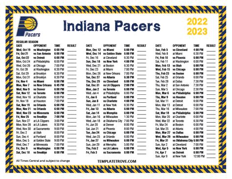 Indiana Pacers Printable Schedule