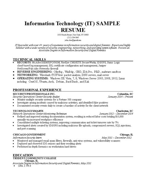 Information Technology Resume Template Word