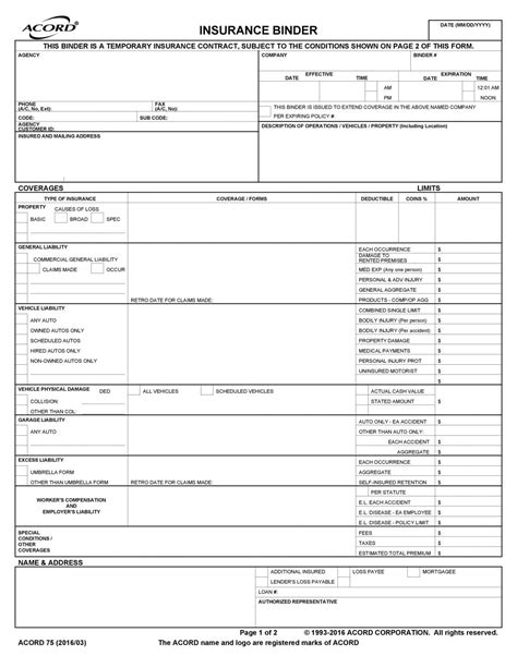 Insurance Binder Template