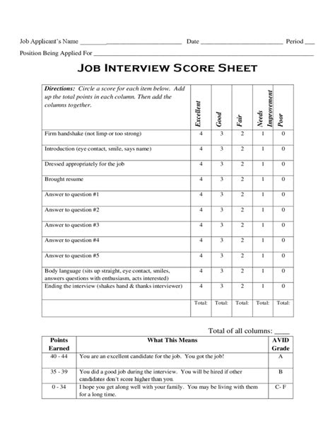 Interview Rating Sheet Template