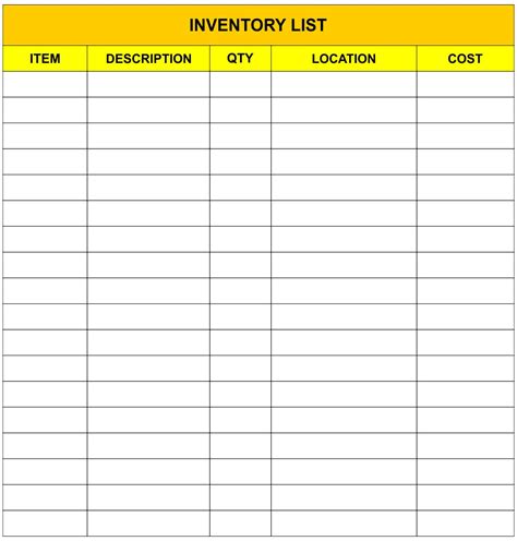 Inventory Sheet Template Free
