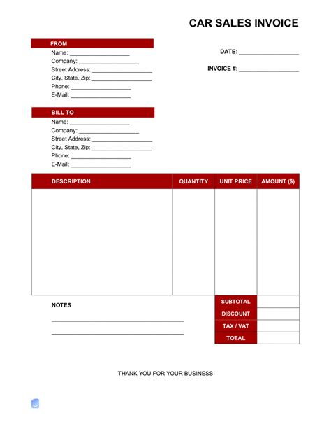 Invoice For Car Sale Template