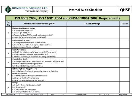 Iso 9001 Internal Audit Checklist Template Word