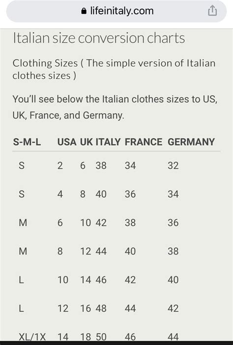 Italian Size Chart