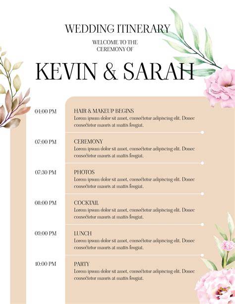 Itinerary Template For Wedding