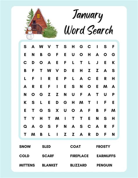 January Word Search Free Printable