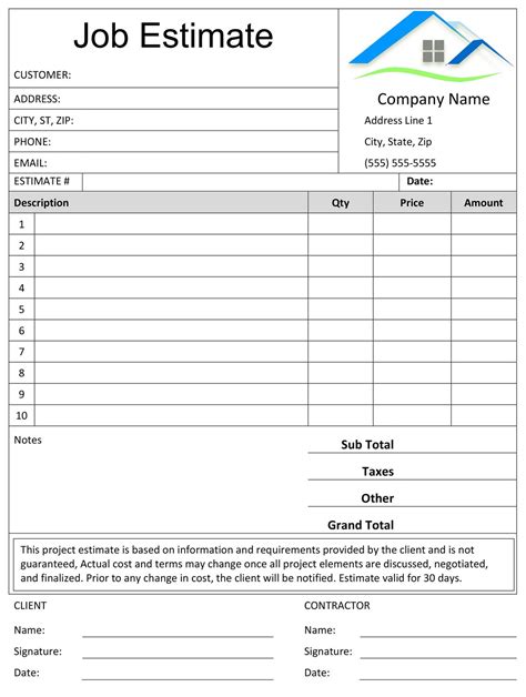 Job Estimate Template Word