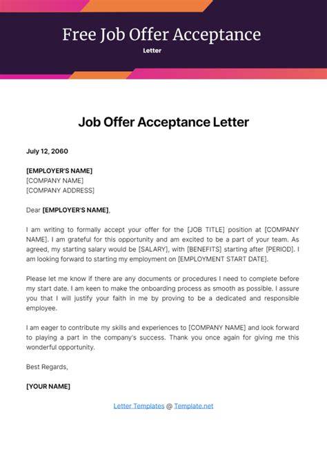 Job Offer Acceptance Letter Template