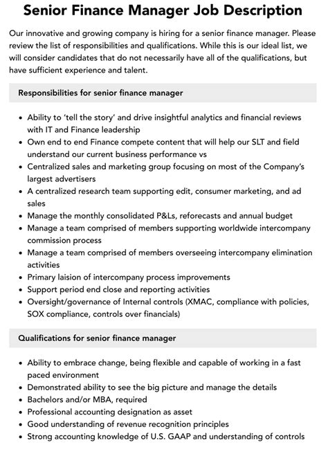 Job Responsibilities for Senior Finance Managers