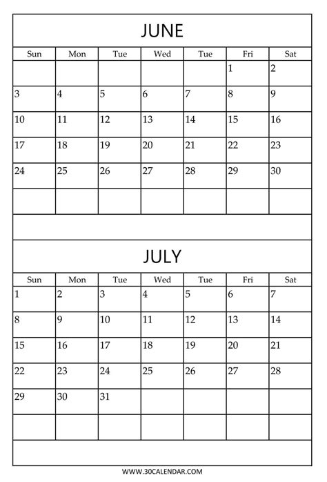 June And July Calendar Printable