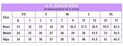 Junior Sizes Chart
