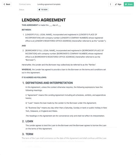 Lending Contract Template