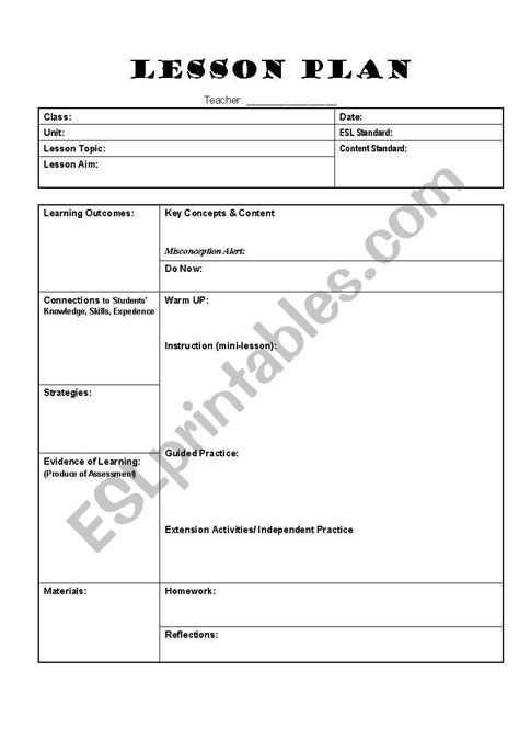 Lesson Plan Template For Esl