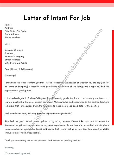 Letter Of Intent Job Application Template