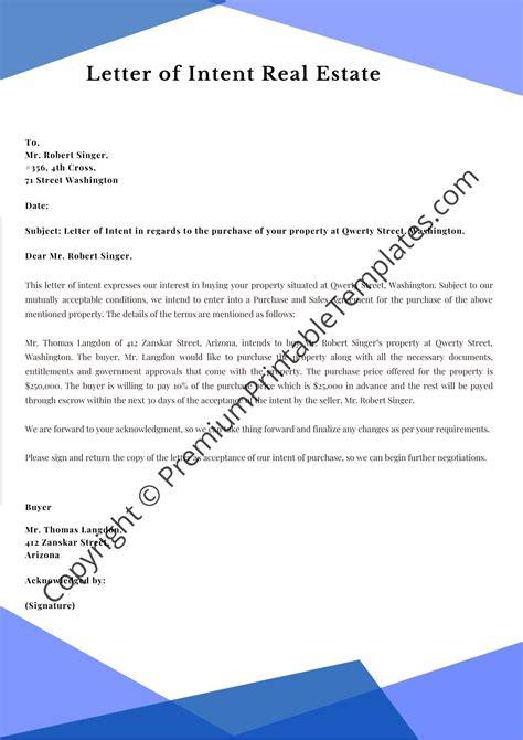 Letter Of Intent Real Estate Template