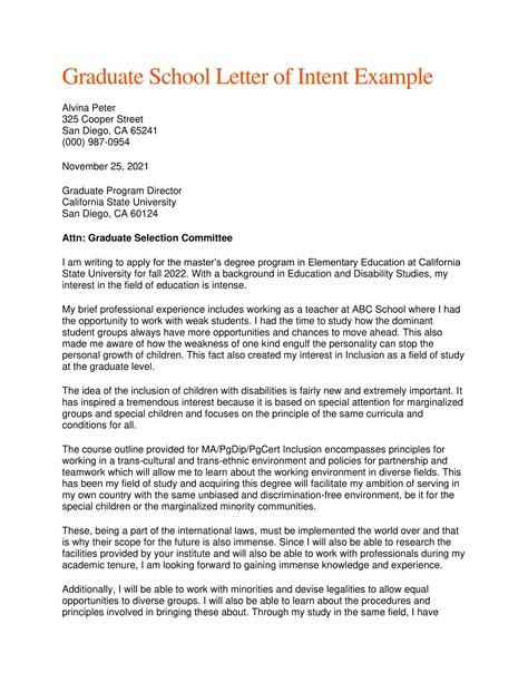 Letter Of Intent Template Graduate School
