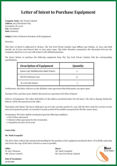 Letter Of Intent To Purchase Template