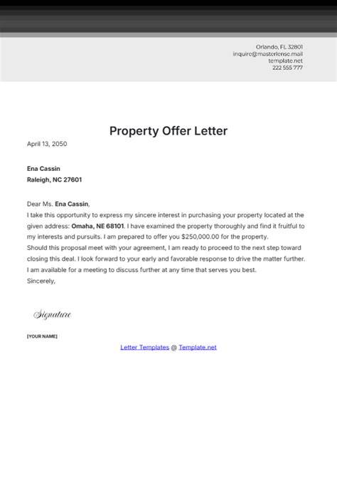Letter Of Offer To Purchase Property Template