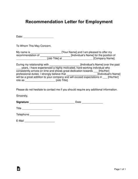 Letter Of Recommendation For Job Template