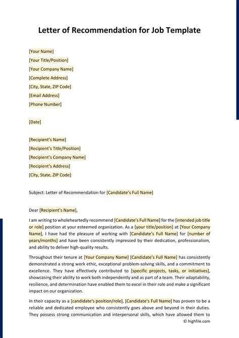 Letter Of Recommendation Template For Job