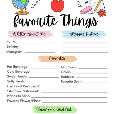 List Of Favorite Things Template