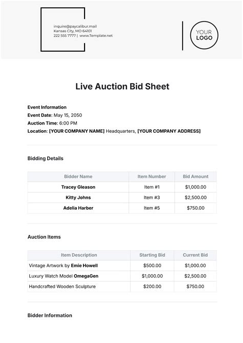 Live Auction Bid Sheet Template Free