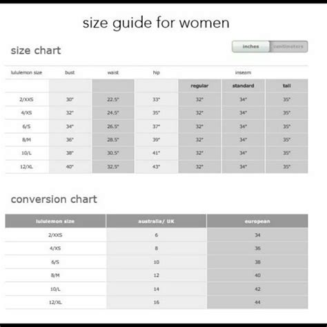 Lululemon Top Size Chart