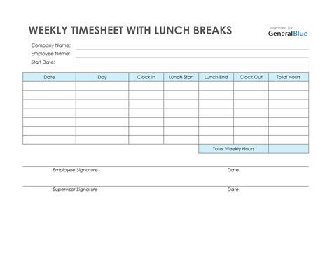 Lunch And Break Schedule Template