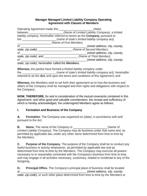 Manager Managed Llc Operating Agreement Template