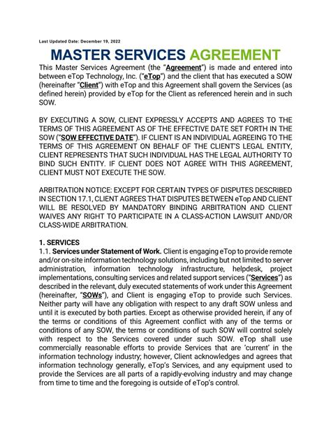 Master Service Agreement Template Free