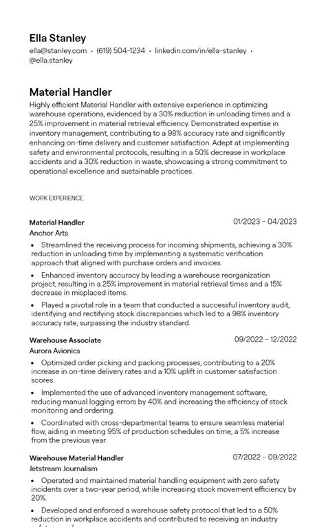 Material Handler Resume Template