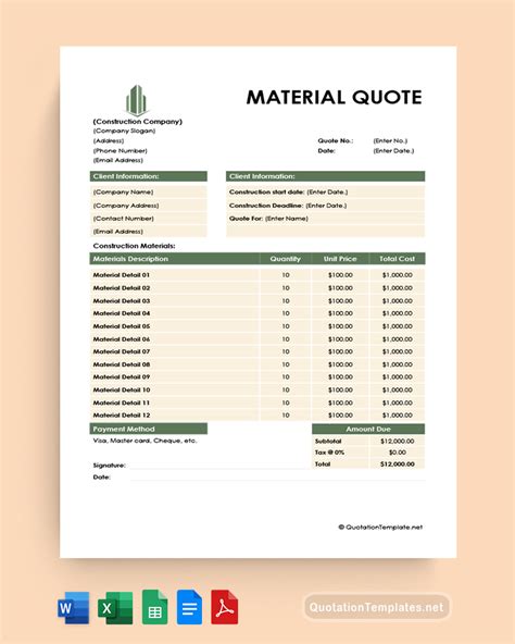 Material Quote Template