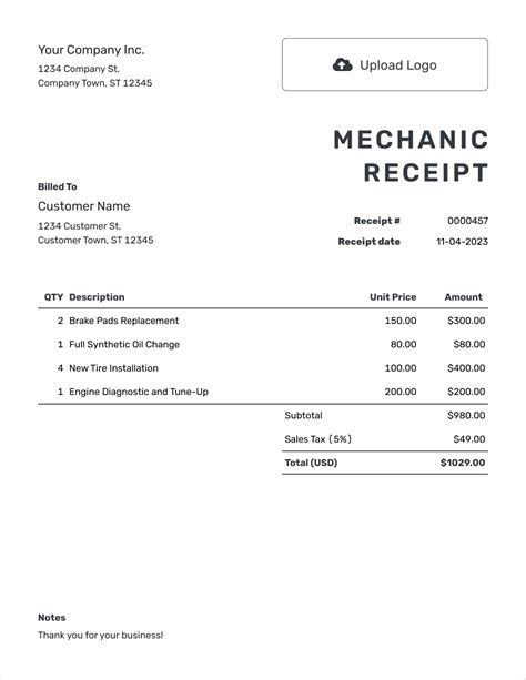 Mechanic Receipt Template