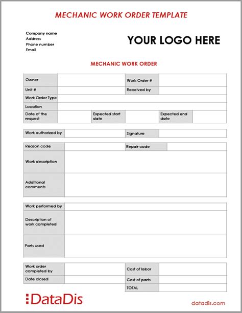 Mechanic Work Order Template