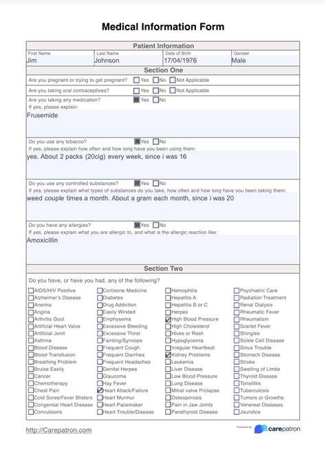 Medical Information Sheet Template